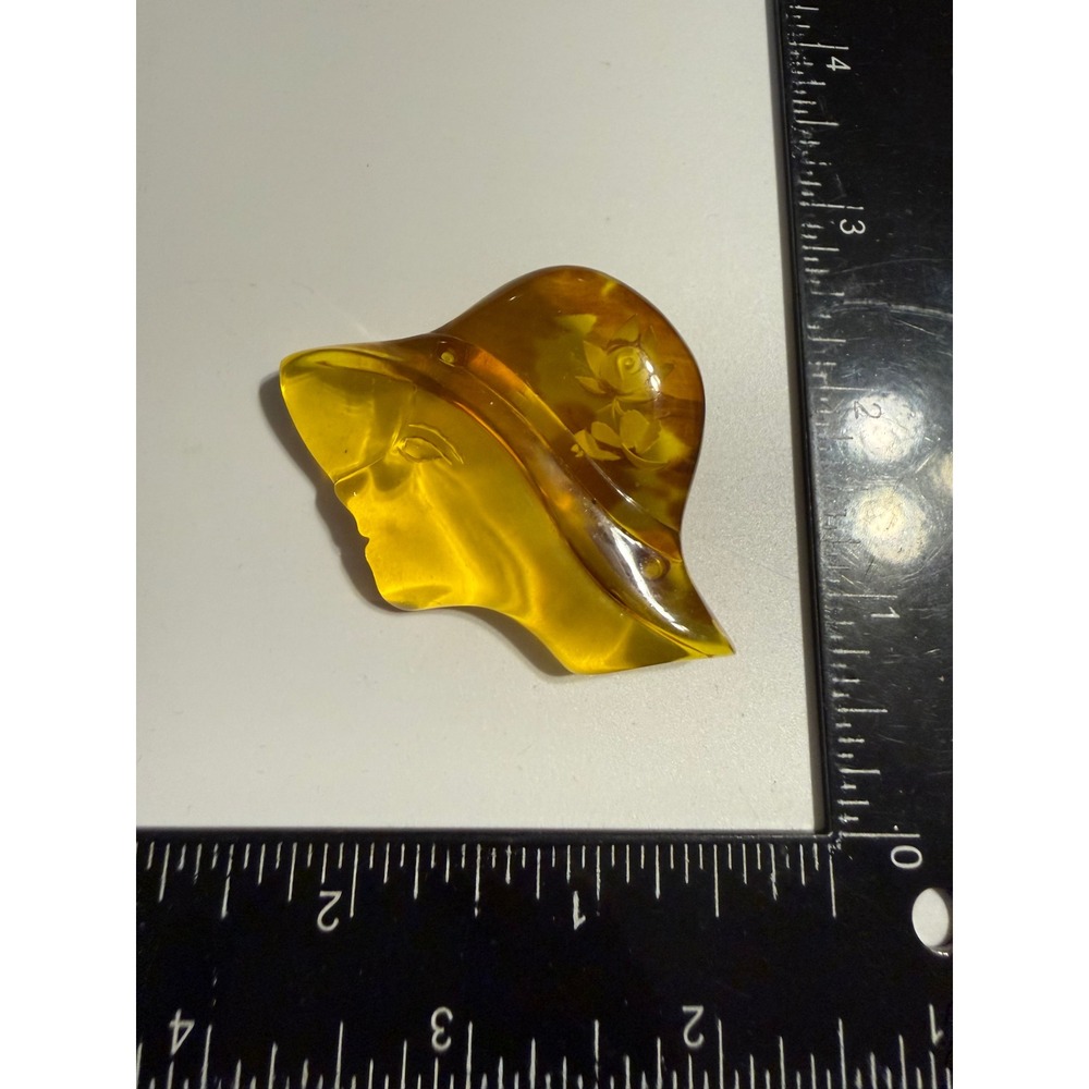 Vintage Amber‎ Yellow Resin Lady in Sun Hat Brooch Reverse Carved Flower Pin